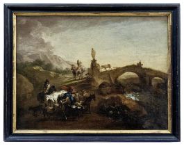 Berchem, Nicolaes - Kreis des: Italienische Landschaft mit Brücke