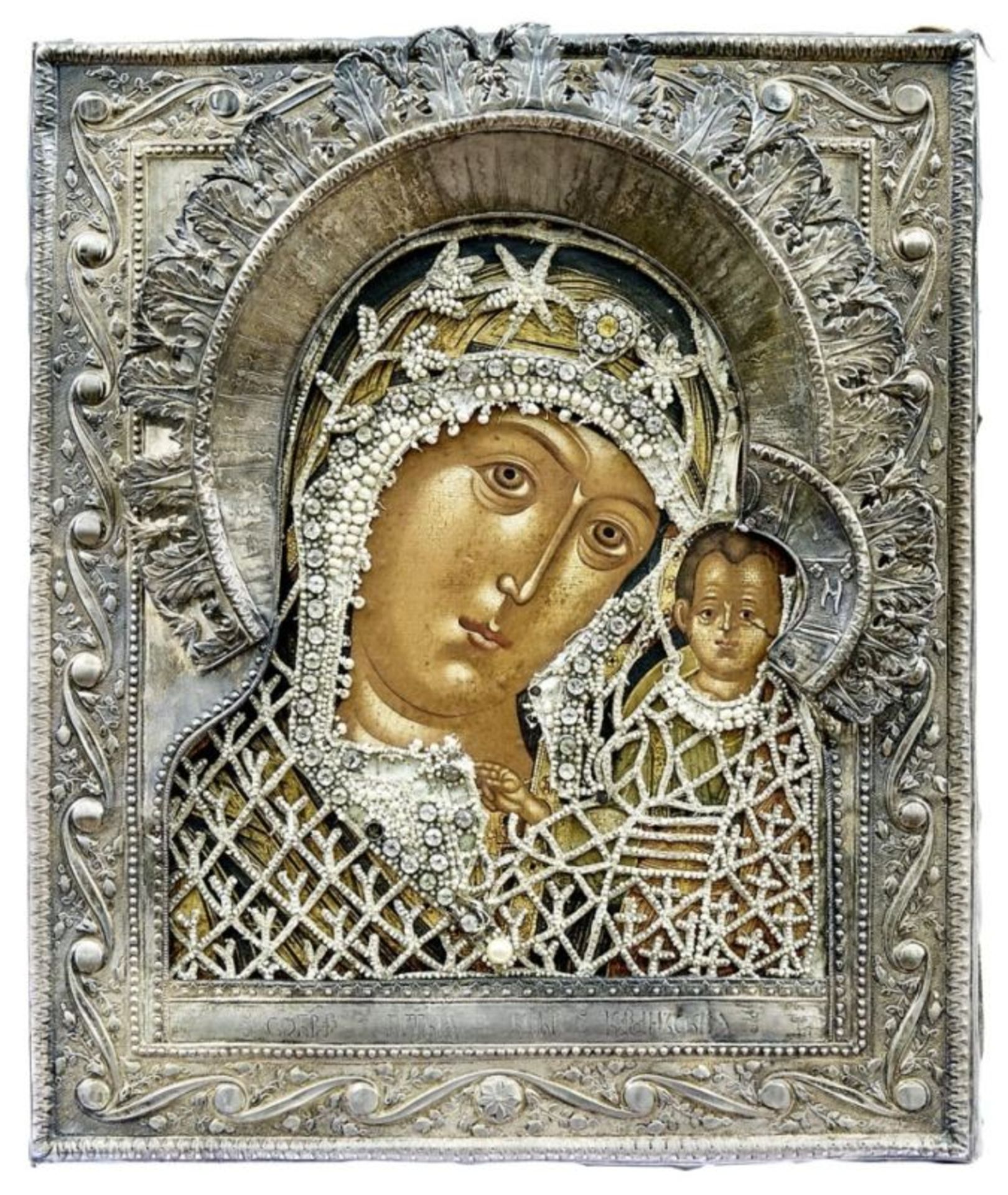 Marienikone mit Perlkleid und Silberoklad, St. Petersburg, frühes 19. Jh.