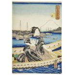 Utagawa Kunisada (Toyokuni III.): Schönheit auf einem Boot vor der Insel Tsukuda