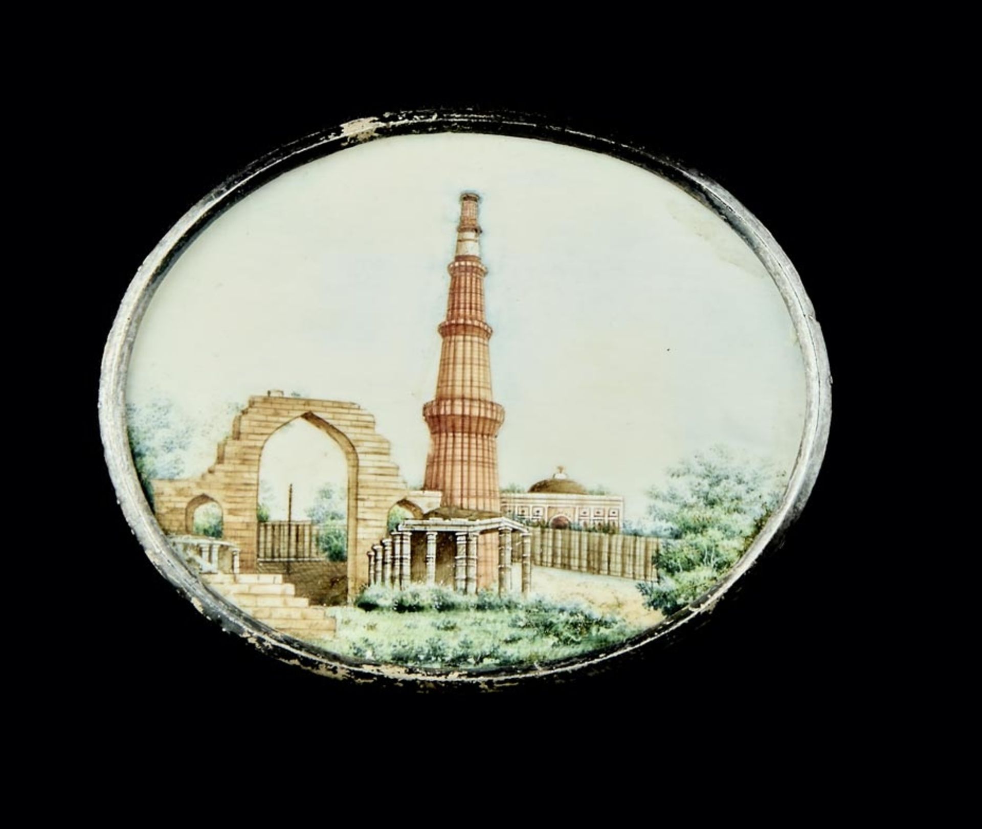 Ovale Miniatur mit Ansicht von Qutb Minar in Delhi