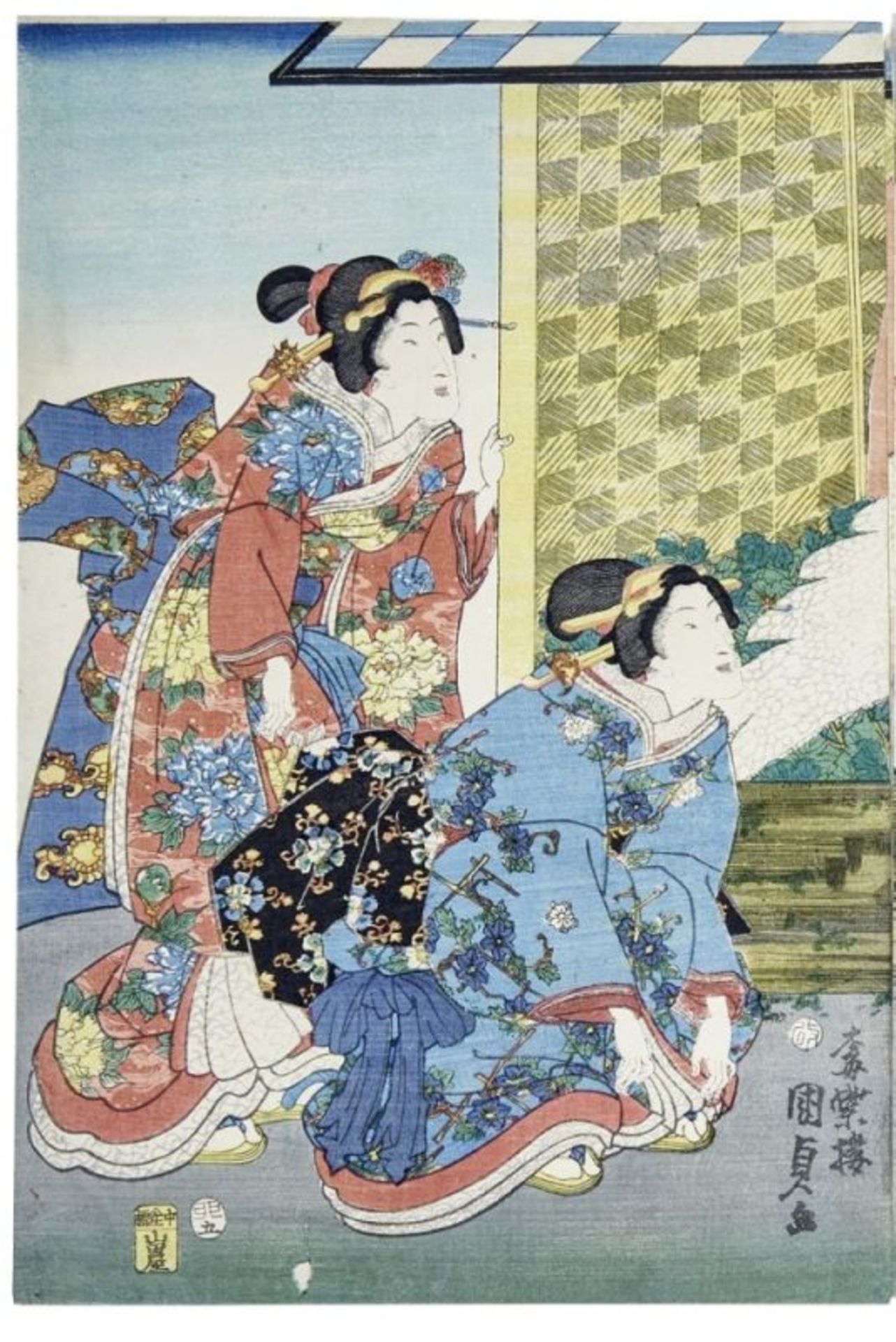 Utagawa Kunisada II (Toyokuni IV): Triptychon "Der neunte Monat - Kizuzuki" - Image 3 of 5