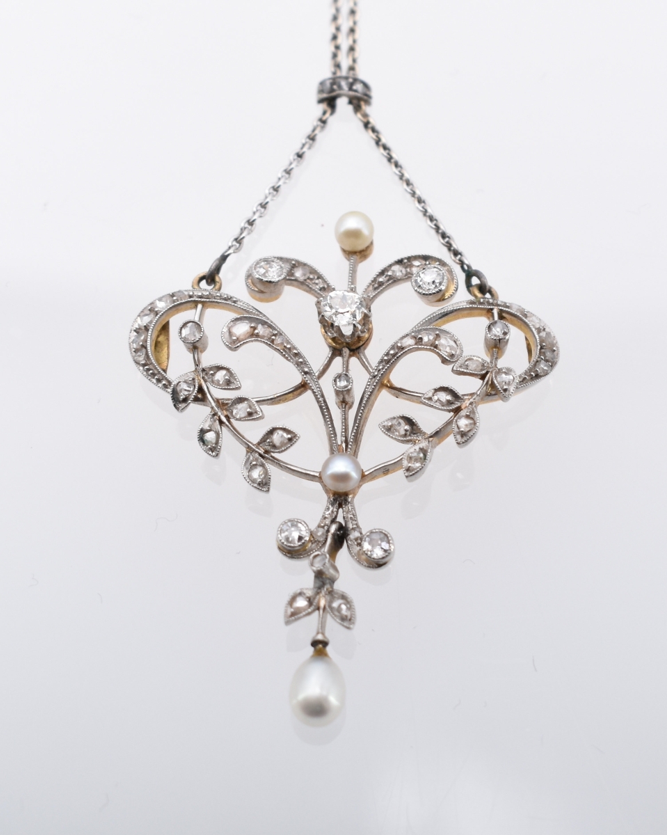 Jugendstil-Collier mit Diamant-Perl-Anhänger, Um 1900 - Image 2 of 2
