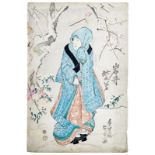 Utagawa Kunisada (Toyokuni III.), Der Schauspieler Iwai Shikaju als durch den Schnee schlendernde Sc