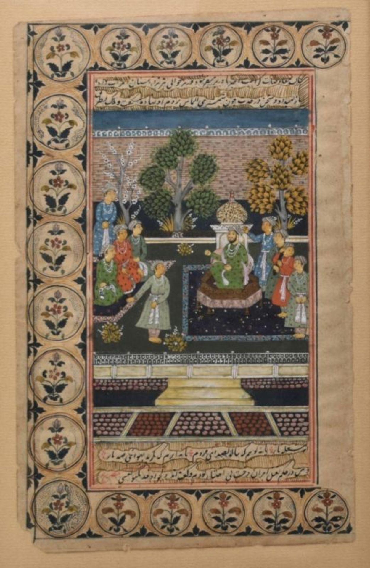 In einem Garten thronender Mogulherrscher, Indopersische Miniaturmalerei, wohl des 19. Jahrhunderts - Image 3 of 3