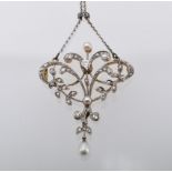 Jugendstil-Collier mit Diamant-Perl-Anhänger, Um 1900