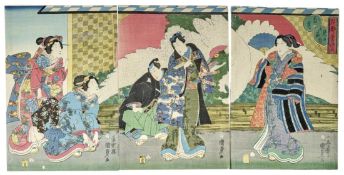 Utagawa Kunisada II (Toyokuni IV): Triptychon "Der neunte Monat - Kizuzuki"