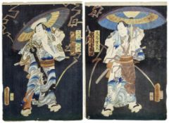 Utagawa Kunisada (Toyokuni III.): Zwei Schauspielerbildnisse mit Schirmen