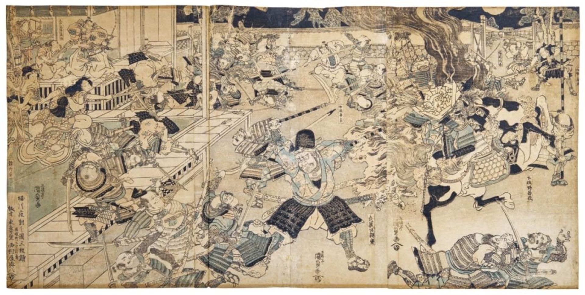 Utagawa Kunisada (Toyokuni III.): Triptychon: Der nächtliche Angriff von Horikawa