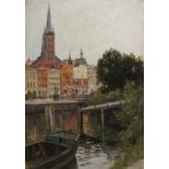 Walter Moras, Lübeck – Blick über die Trave auf St. Petri. Wohl 1890's.