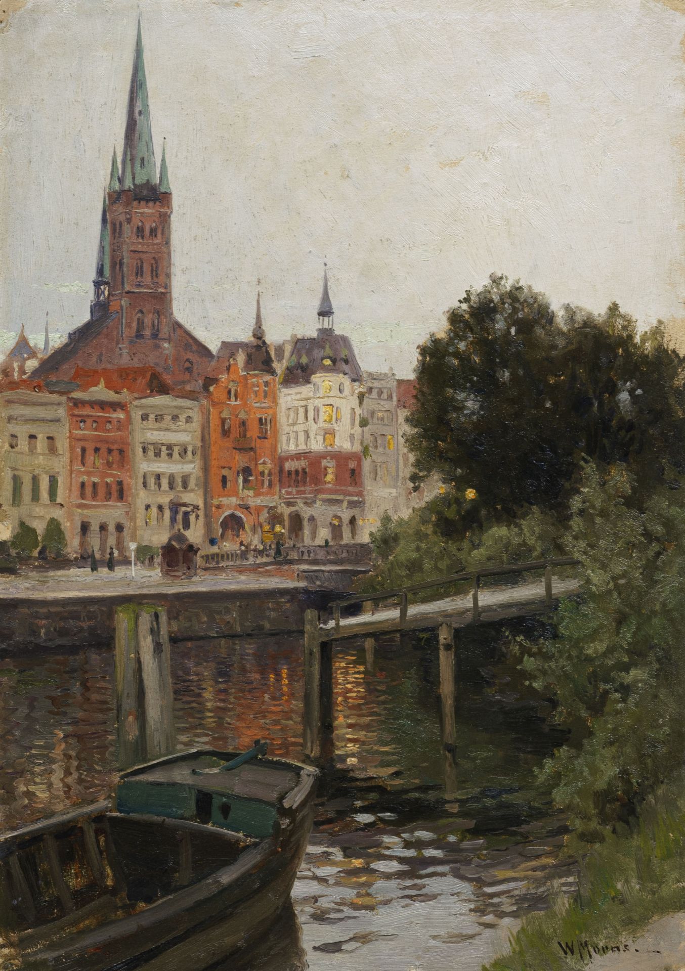 Walter Moras, Lübeck – Blick über die Trave auf St. Petri. Wohl 1890's.