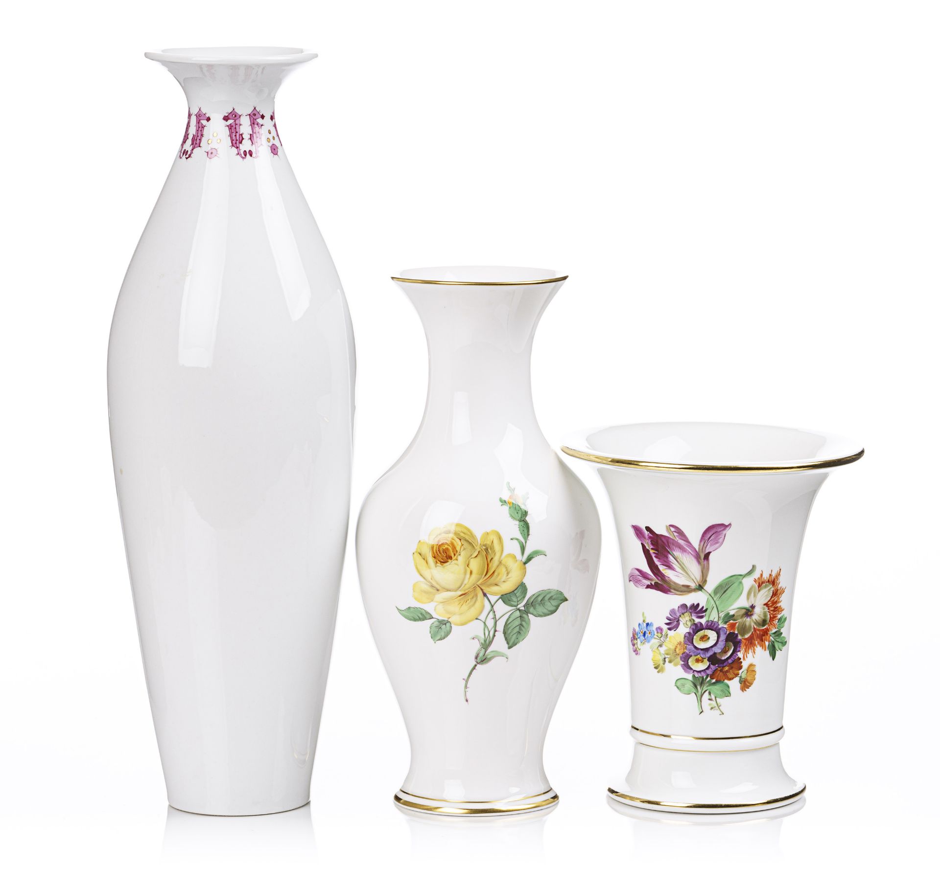 Lippenvase mit Seepferdchendekor / Paar Vasen "Gelbe Rose", "Bunte Blume". Paul Börner und ande...