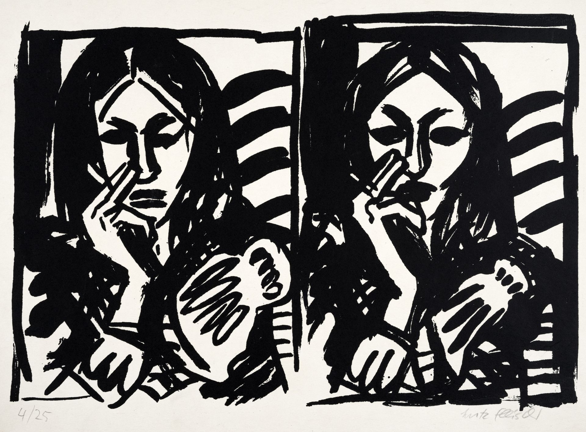 Lutz Fleischer "Café" / Mädchenbildnis / Doppelbildnis mit Zigarette / Sitzender weiblicher Akt... - Bild 3 aus 4