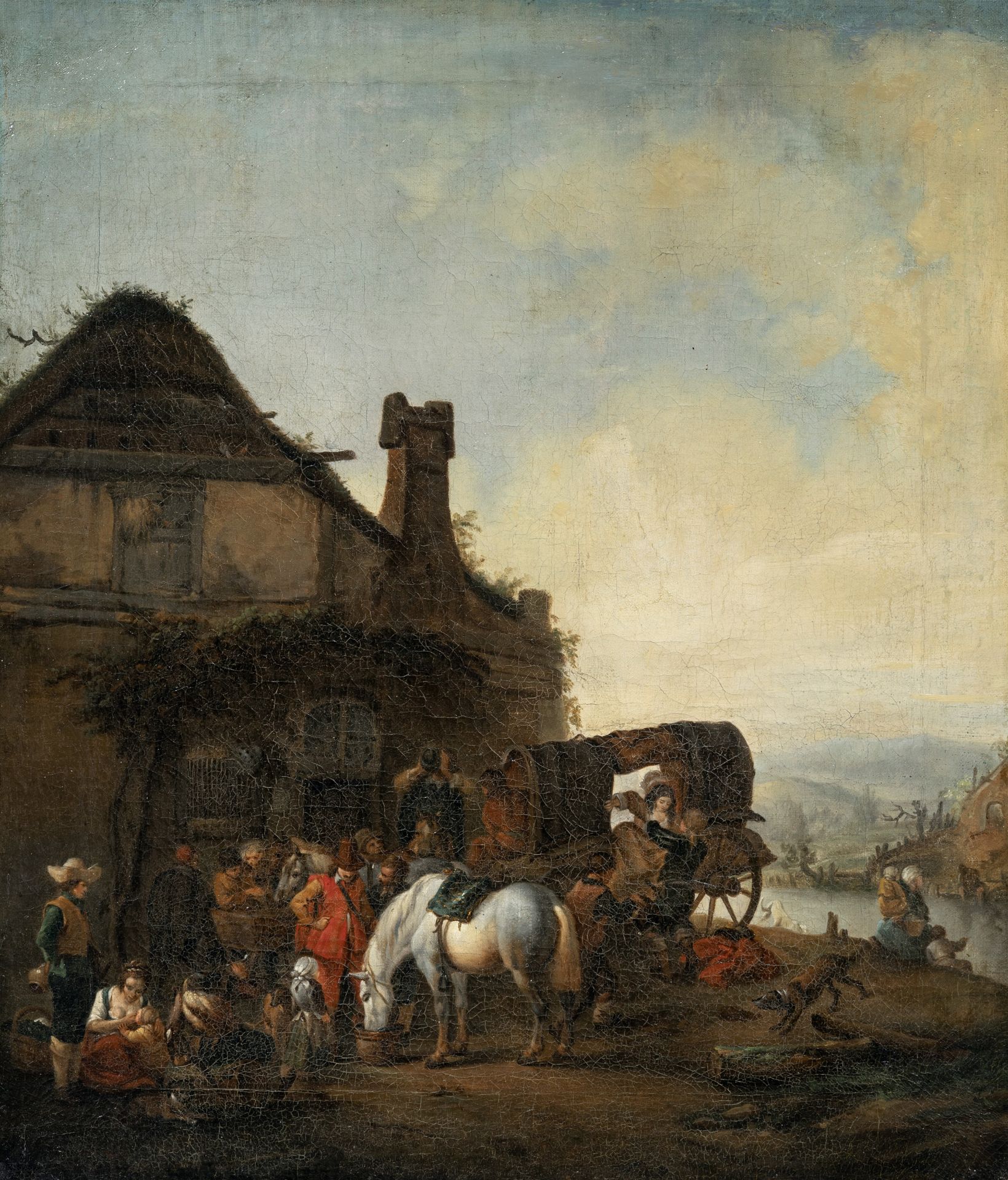 Pieter oder Philips Wouwerman (nach), Reges Treiben vor dem Wirtshaus. Wohl 19. Jh.