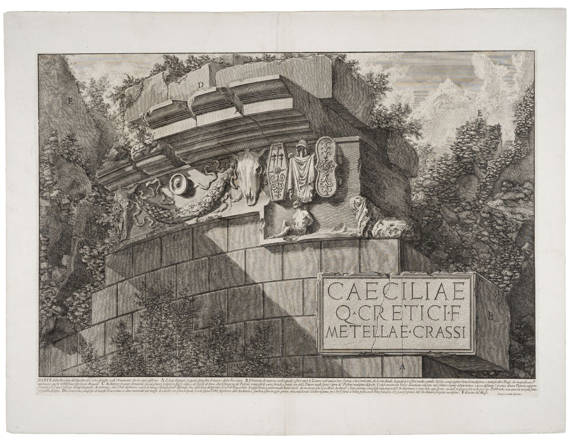 Giovanni Battista Piranesi "Parte della Facciata del Sepolero di Cecilia Metella cogli Ornament...