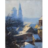 Bruno Lademann, Blick über die winterlichen Dächer von Zittau mit Johanniskirche. Wohl 1920er/1...