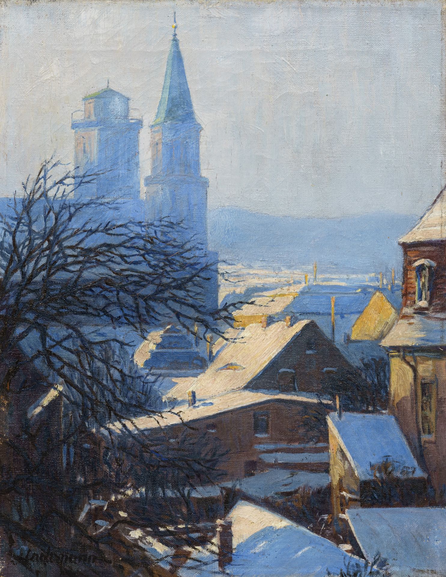 Bruno Lademann, Blick über die winterlichen Dächer von Zittau mit Johanniskirche. Wohl 1920er/ ...