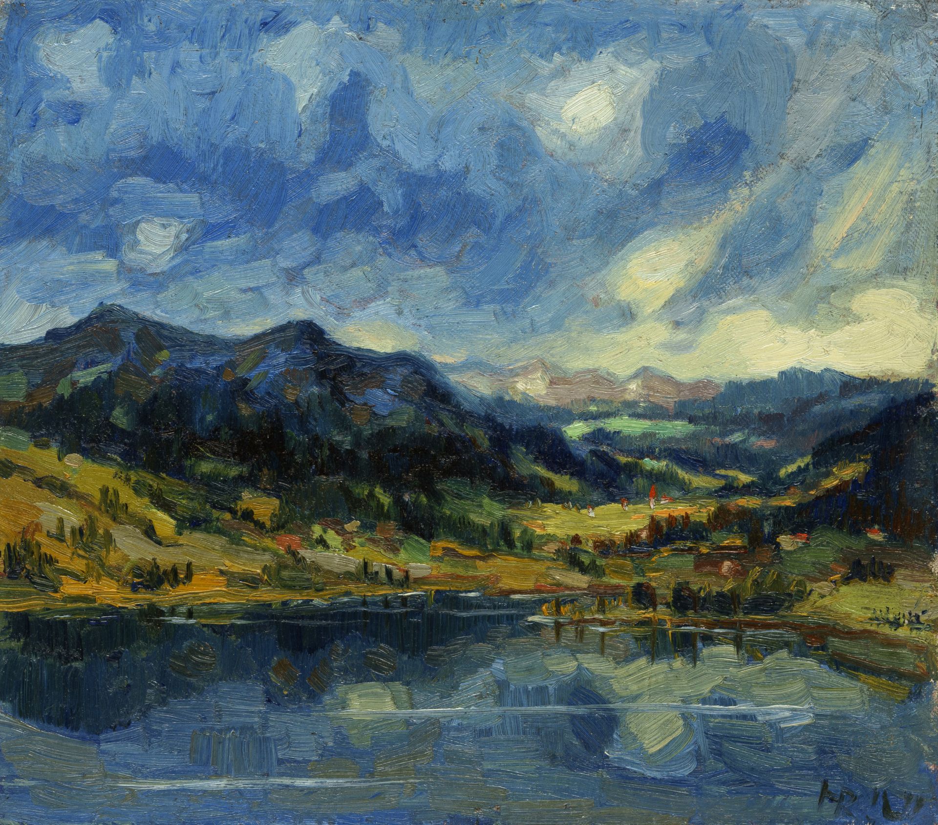 Deutscher Künstler, Mittelgebirgslandschaft mit See. Wohl 1920er Jahre.