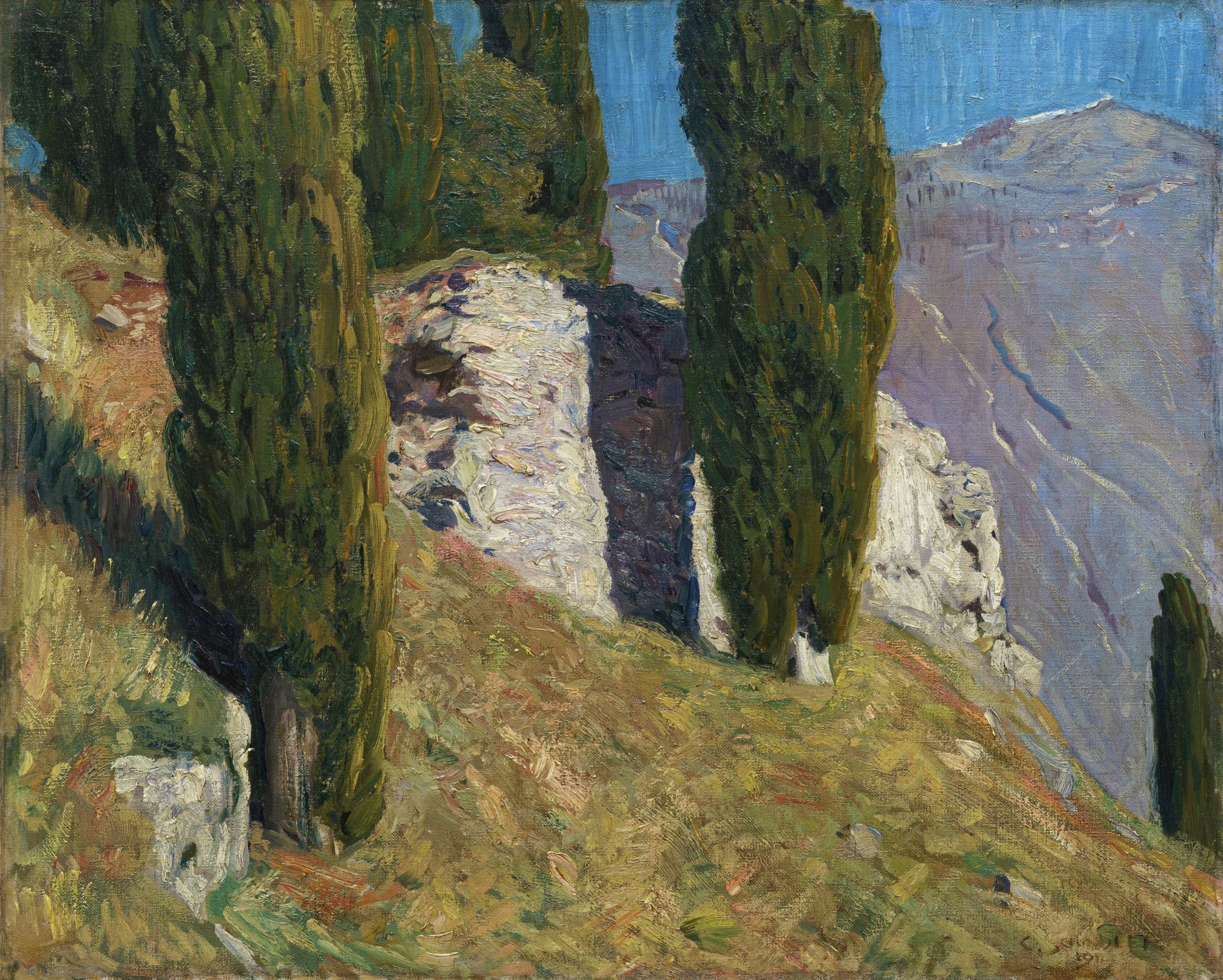 Osmar Schindler "Bergcypressen" (Landschaft bei Malcesine mit Monte Baldo). Wohl 1911.