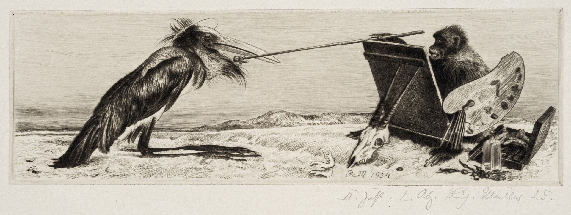 Richard Müller "Der Künstler (Affe, einen Marabu malend)". 1924.