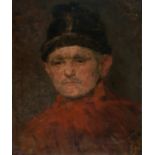 Max Thedy, Bildnis eines Mannes mit Pelzkappe und rotem Mantel. 1882.