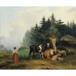 Gustav Adolf Friedrich, Hirtin mit ihrer ruhenden Herde. 1850er Jahre.