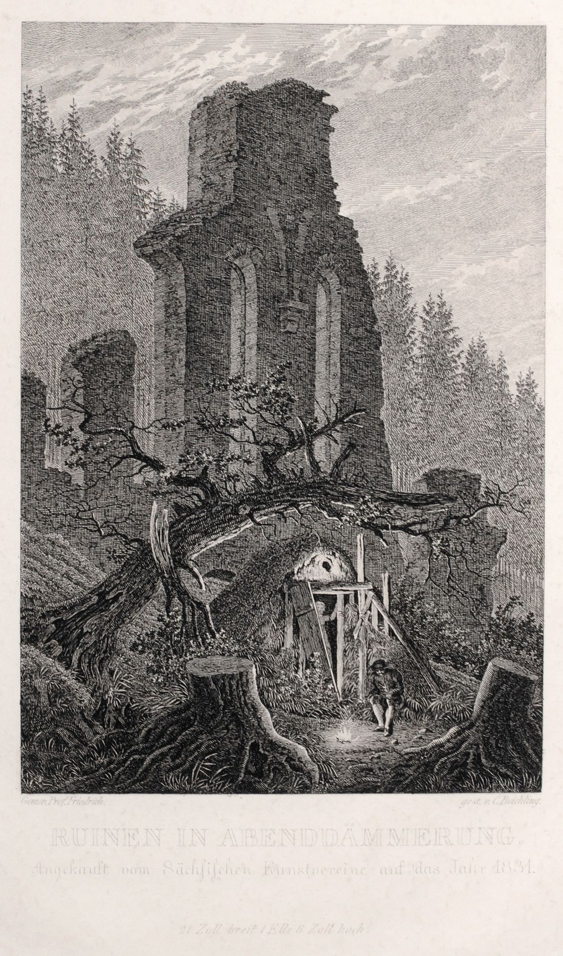 Caspar David Friedrich (lithografiert von Carl Beichling) "Ruinen in Abenddämmerung". Um 1831.