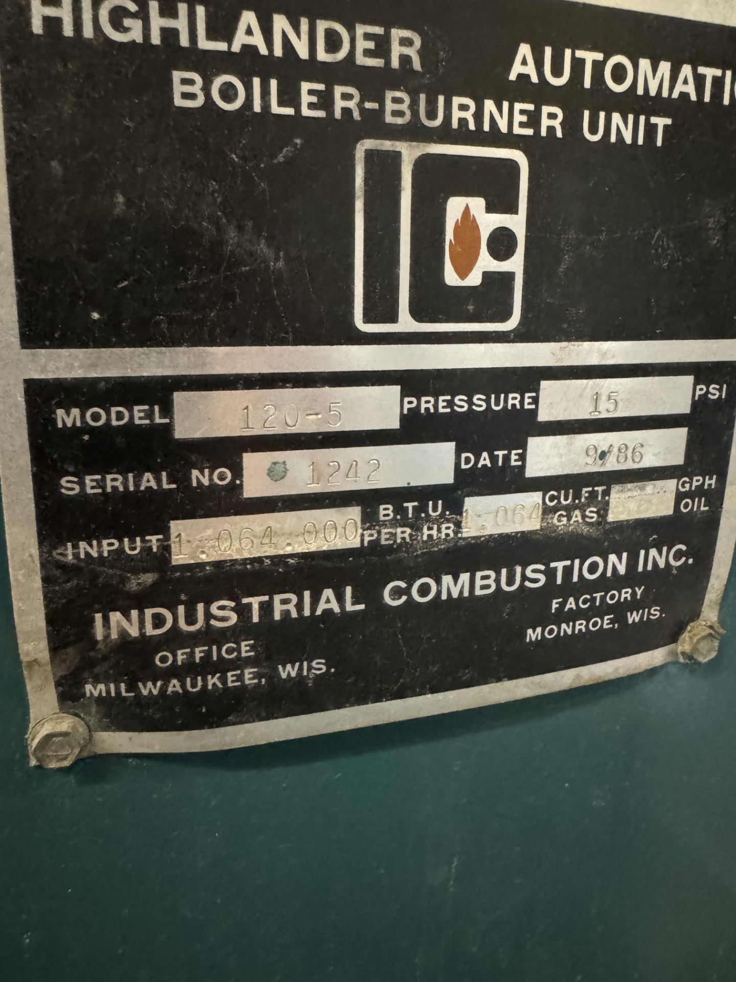 Industrial Combustion Inc. 1.064M BTU/h Steam Boiler, 15psi max, Natural Gas - Bild 5 aus 6