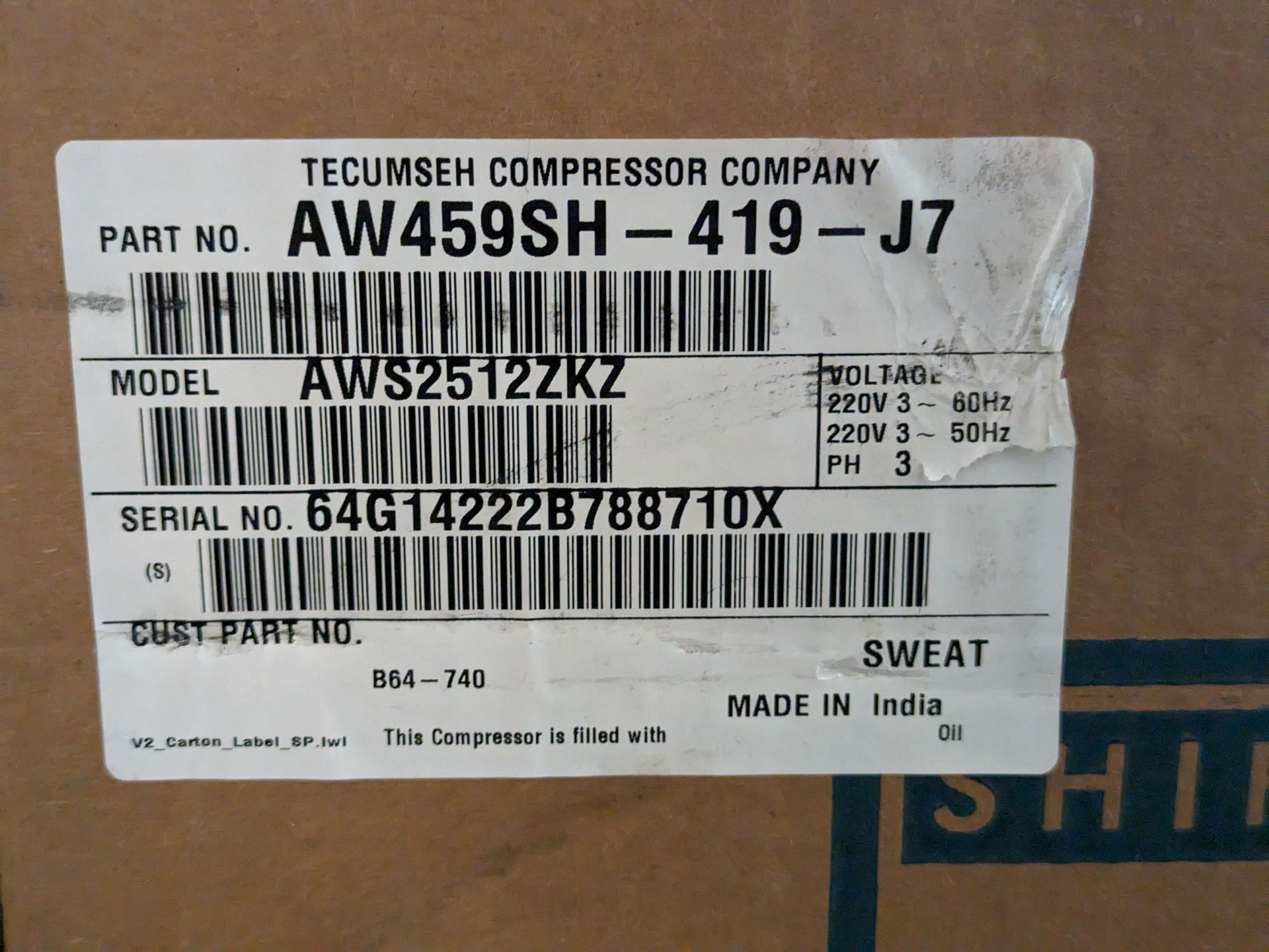 (Located in San Francisco, CA) Tecumseh Reciprocating Compressor, Model# AWS2512ZKZ, Serial# - Image 3 of 3