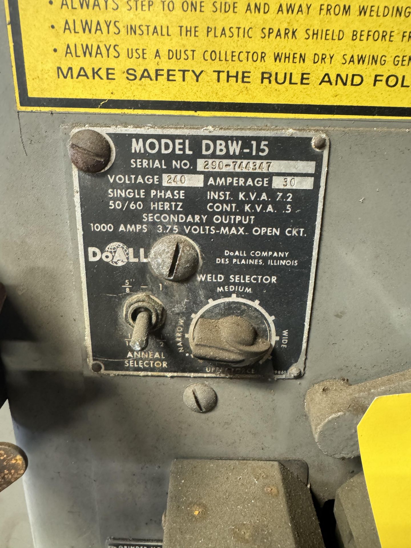 DoAll Band Saw, Model# DBW-15, Serial# 290-744347, 240V, Rigging/ Removal Fee - $400 - Image 2 of 5