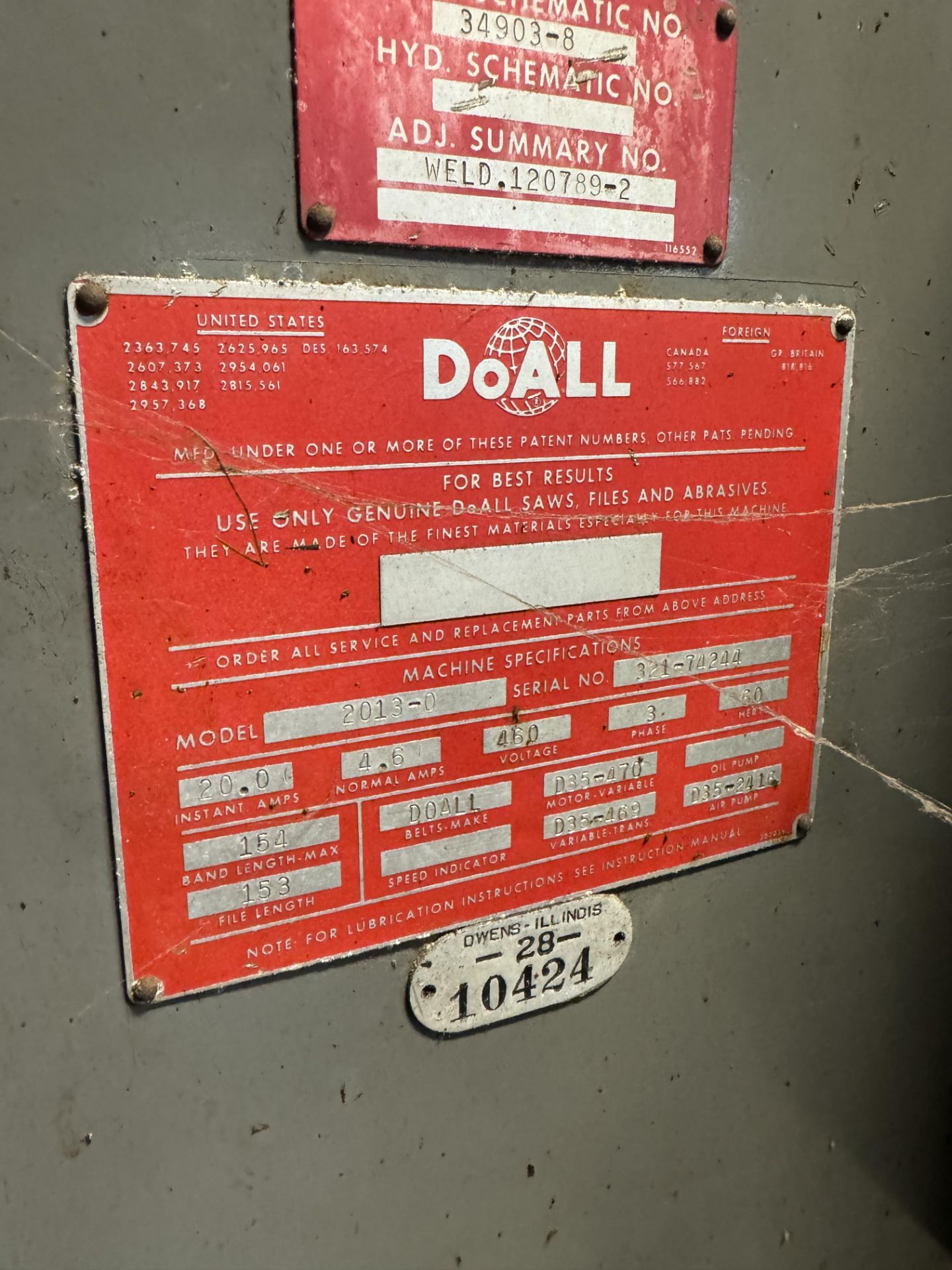DoAll Band Saw, Model# DBW-15, Serial# 290-744347, 240V, Rigging/ Removal Fee - $400 - Image 3 of 5