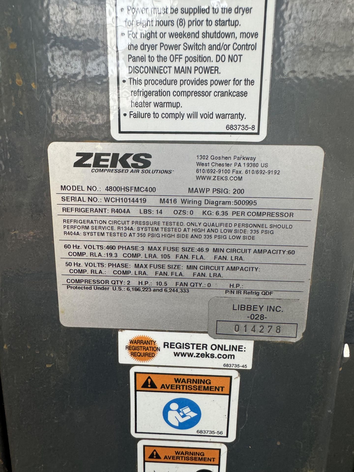 Zeks MultiPlex Air Dryer, Model# 4800HSFMC400, Serial# WCH1014419 M416, 460V, Rigging/ Removal Fee - Image 3 of 5