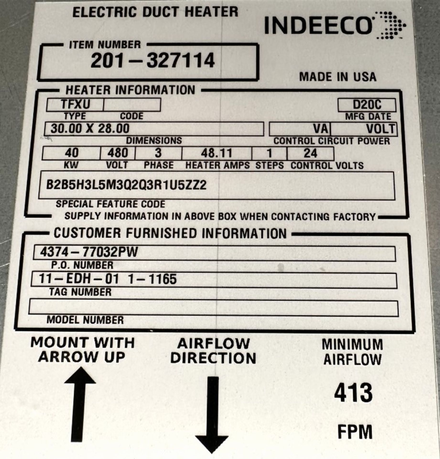 Lot Location: Greensboro NC INDEECO ELECTRIC DUCT HEATER 201-327114 TFXU 30_28 (UNUSED) - Image 7 of 8