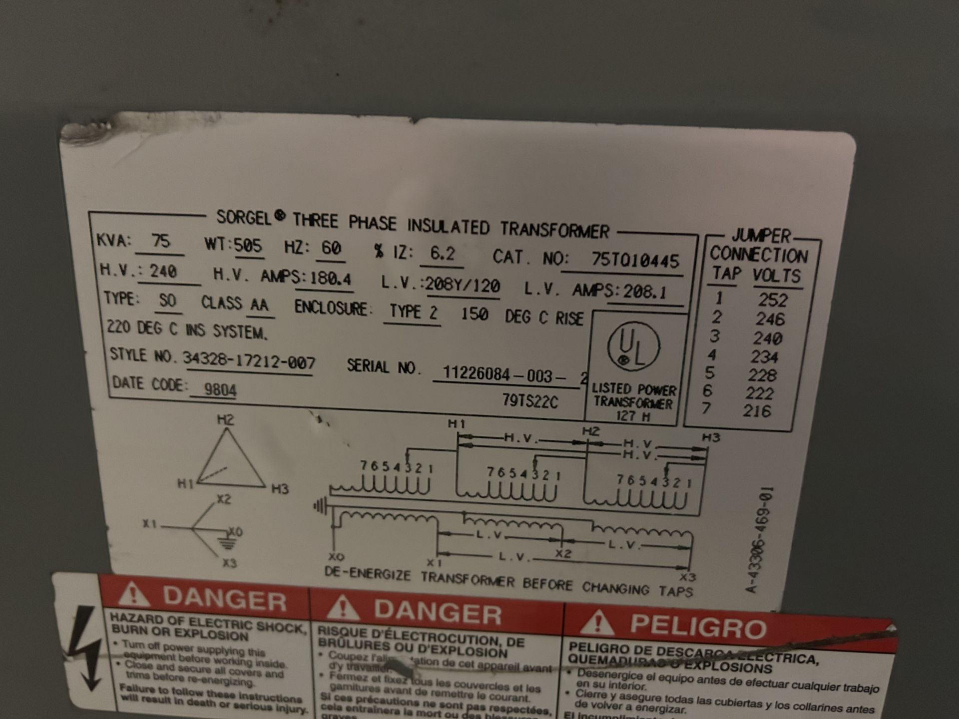 Lot Location: Hartley IA - Sorgel Three Phase Insulated Transformer, KVA 75, Hz 60, - Image 3 of 3