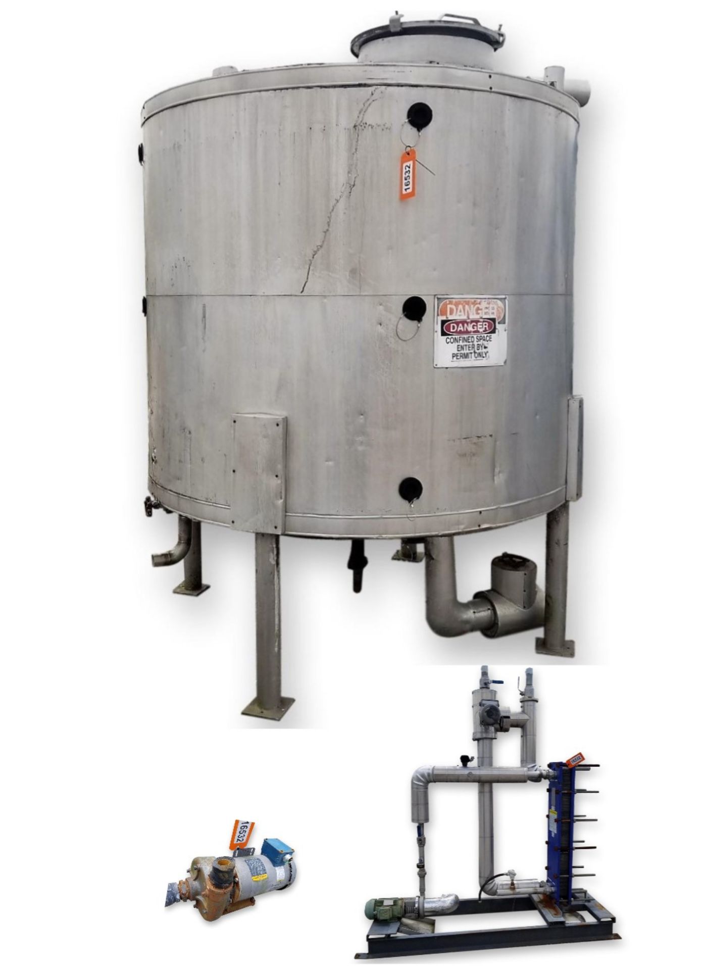 Lot Location: Greensboro NC Used 1,000 Gallon Stainless Steel Tank with Plate Heat Exchanger and Pum