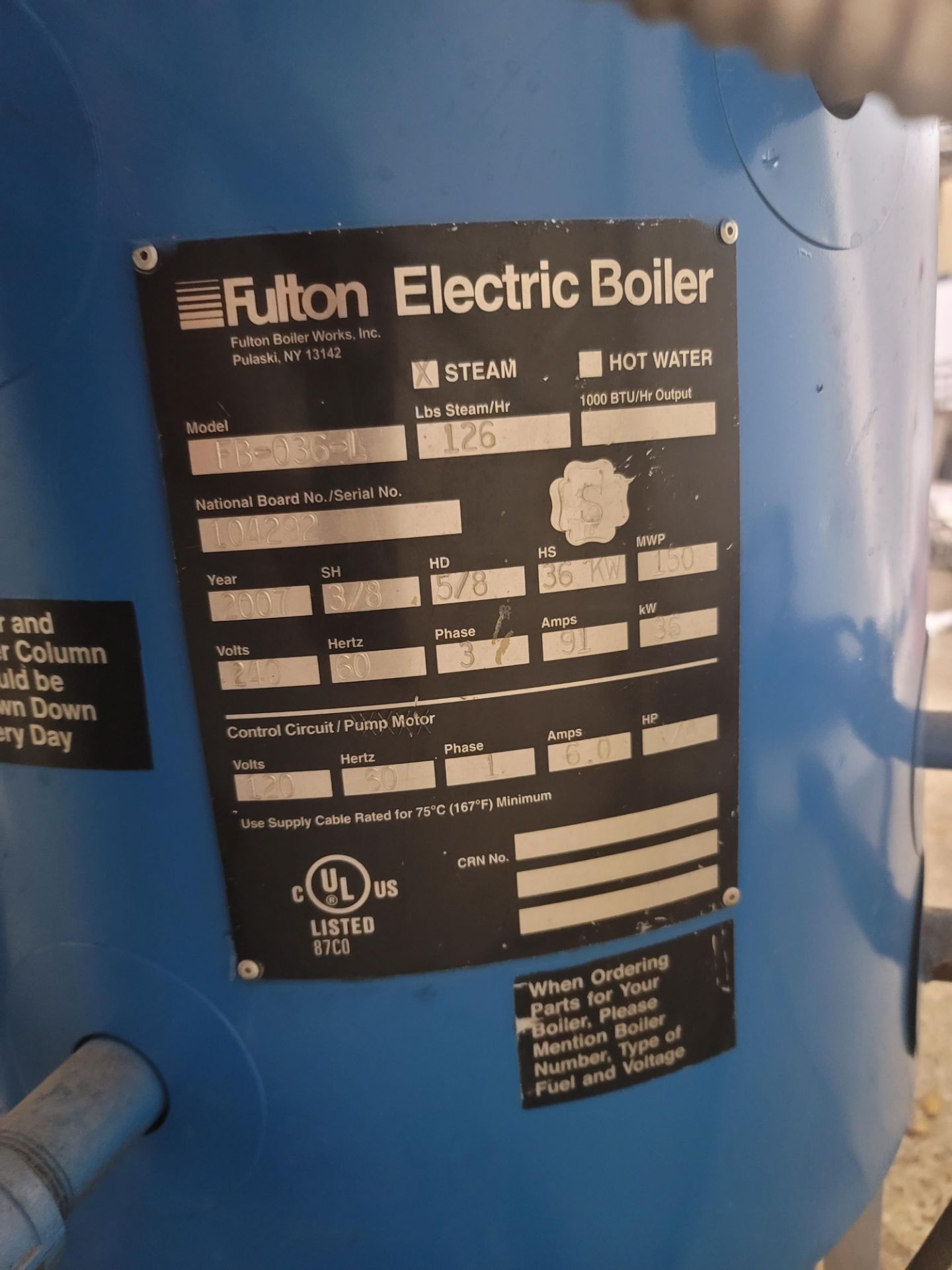 (Located in Belle Glade, FL) FULTON BOILER, MODEL FB-036-1, SERIAL 104292, Loading/rigging fee: $25 - Image 3 of 4