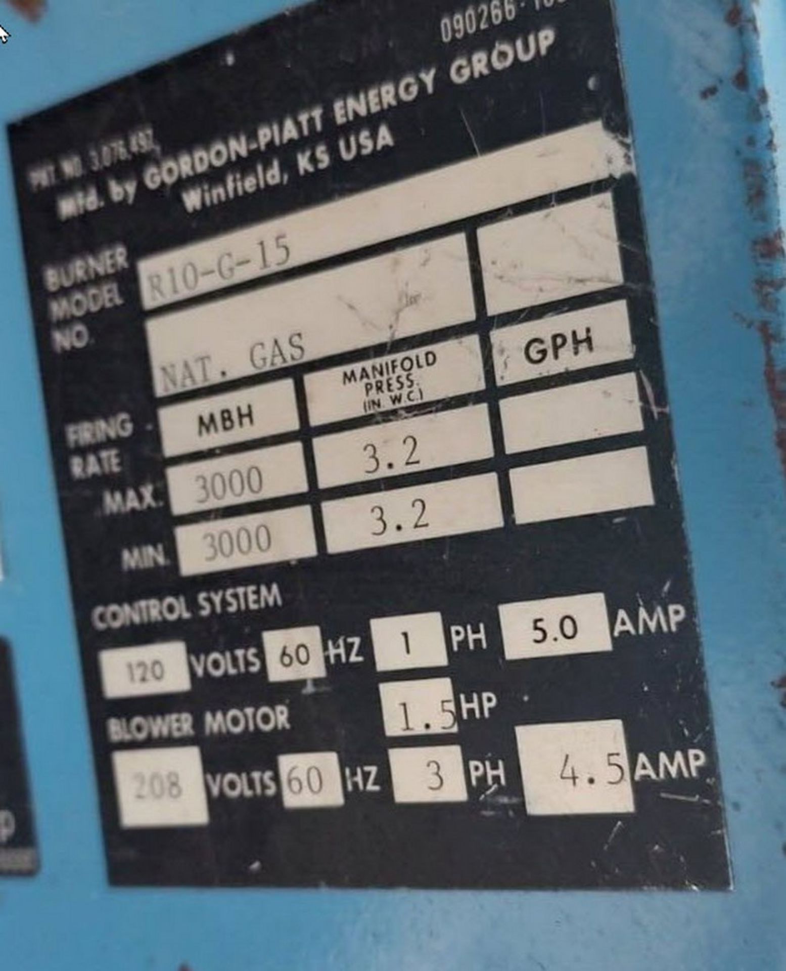 (Located in Hollister CA) Gordon Piatt R10-G-15 Burner Natural Gas 3000 MBH, Rigging Fee: $100 - Image 9 of 9