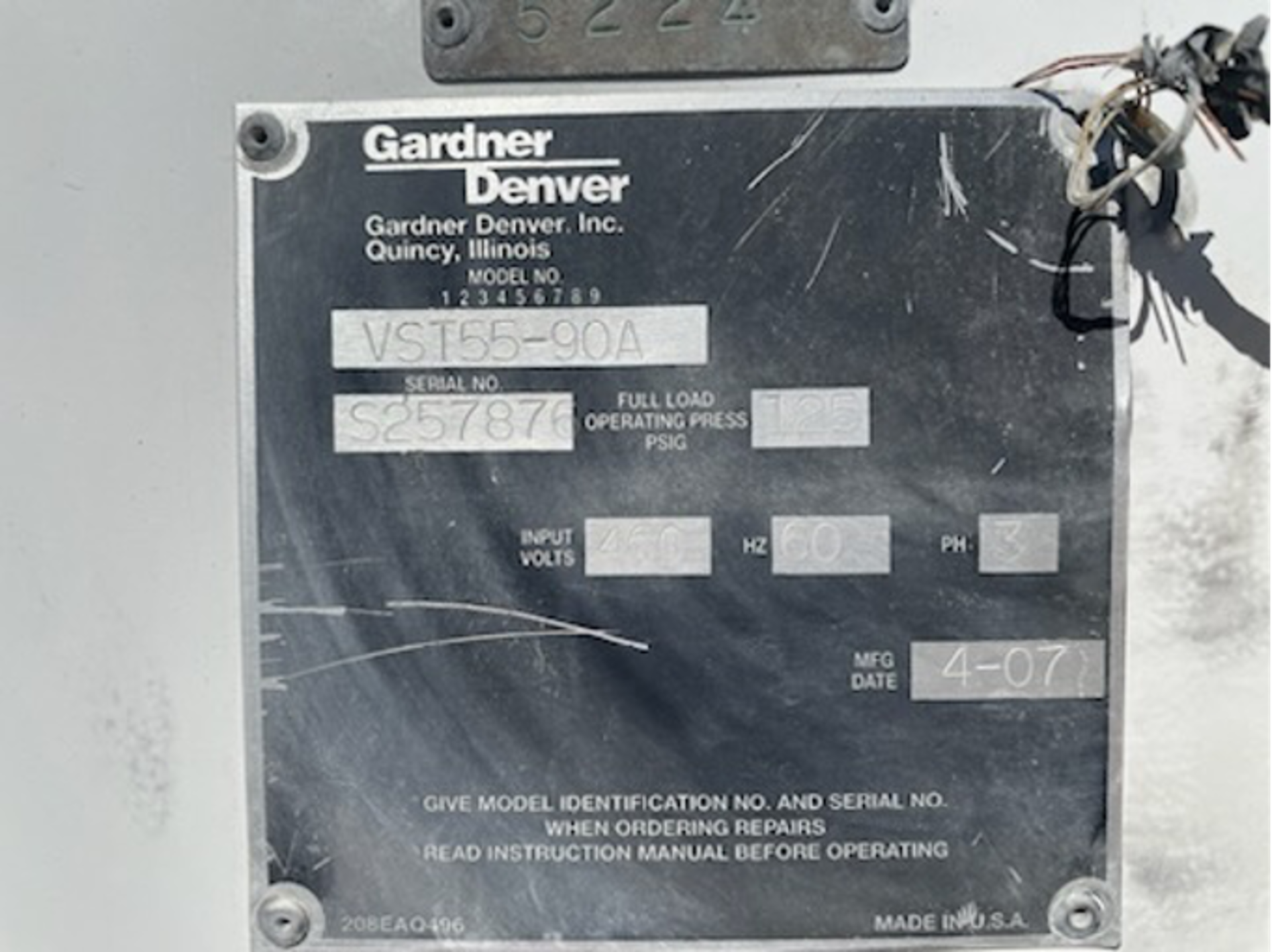 (Located in Kingman, AZ) Gardner Denver Air Compresor, Model# VST55-90A, Serial# S257876, 460V ( - Bild 2 aus 2