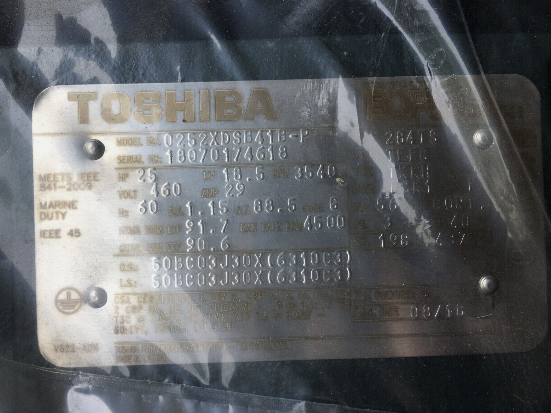 (Located in Rochester, NY) TOSHIBA 0252XDSB41B-P Electric Motor, 25HP, 3540 RPM, 284TS, 460V, 60HZ, - Image 5 of 9