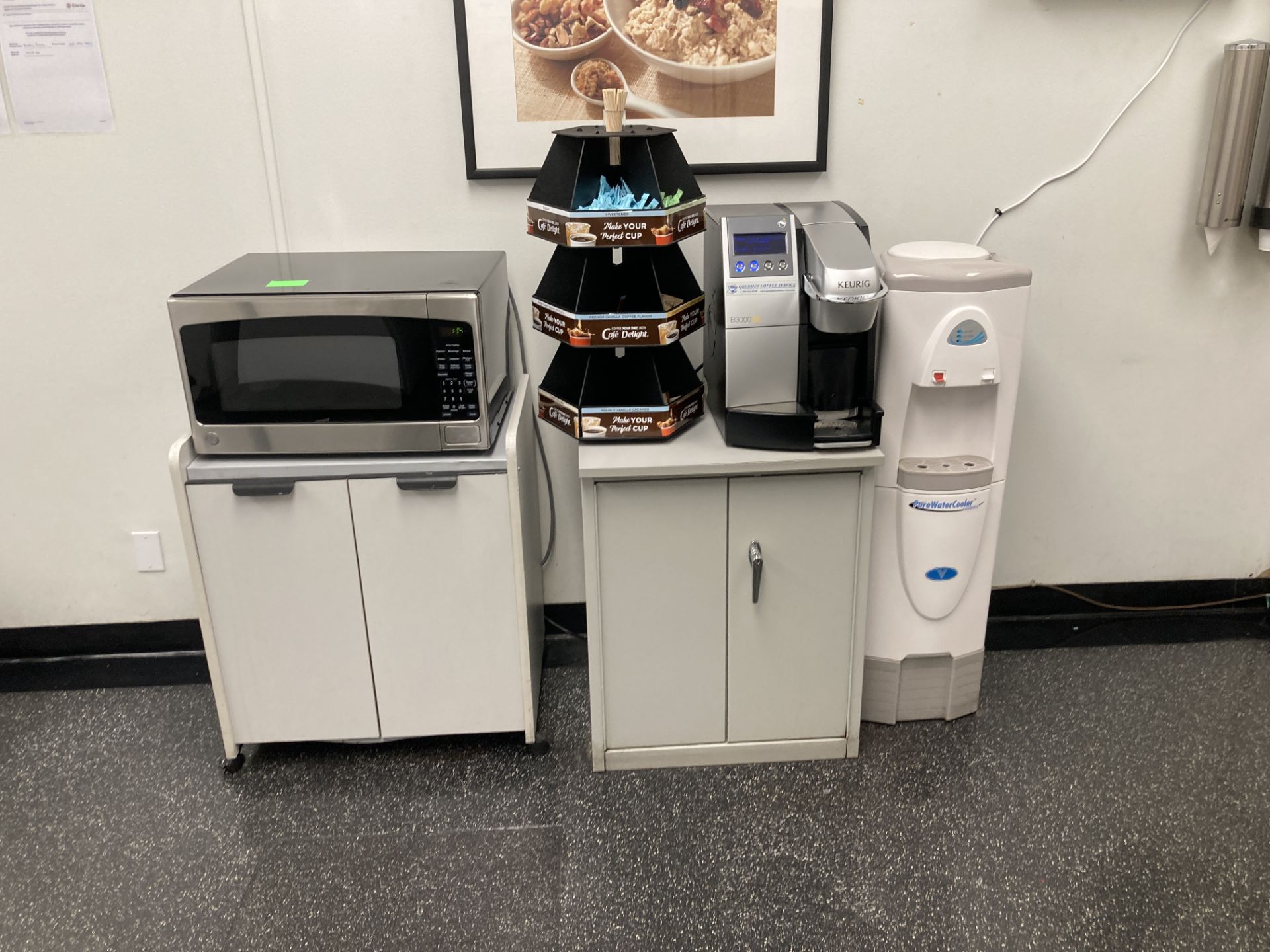 LOT OF break room, table 42 in dia, chairs, towel, cup, soap wall dispensers, microwave with cart, - Image 2 of 4