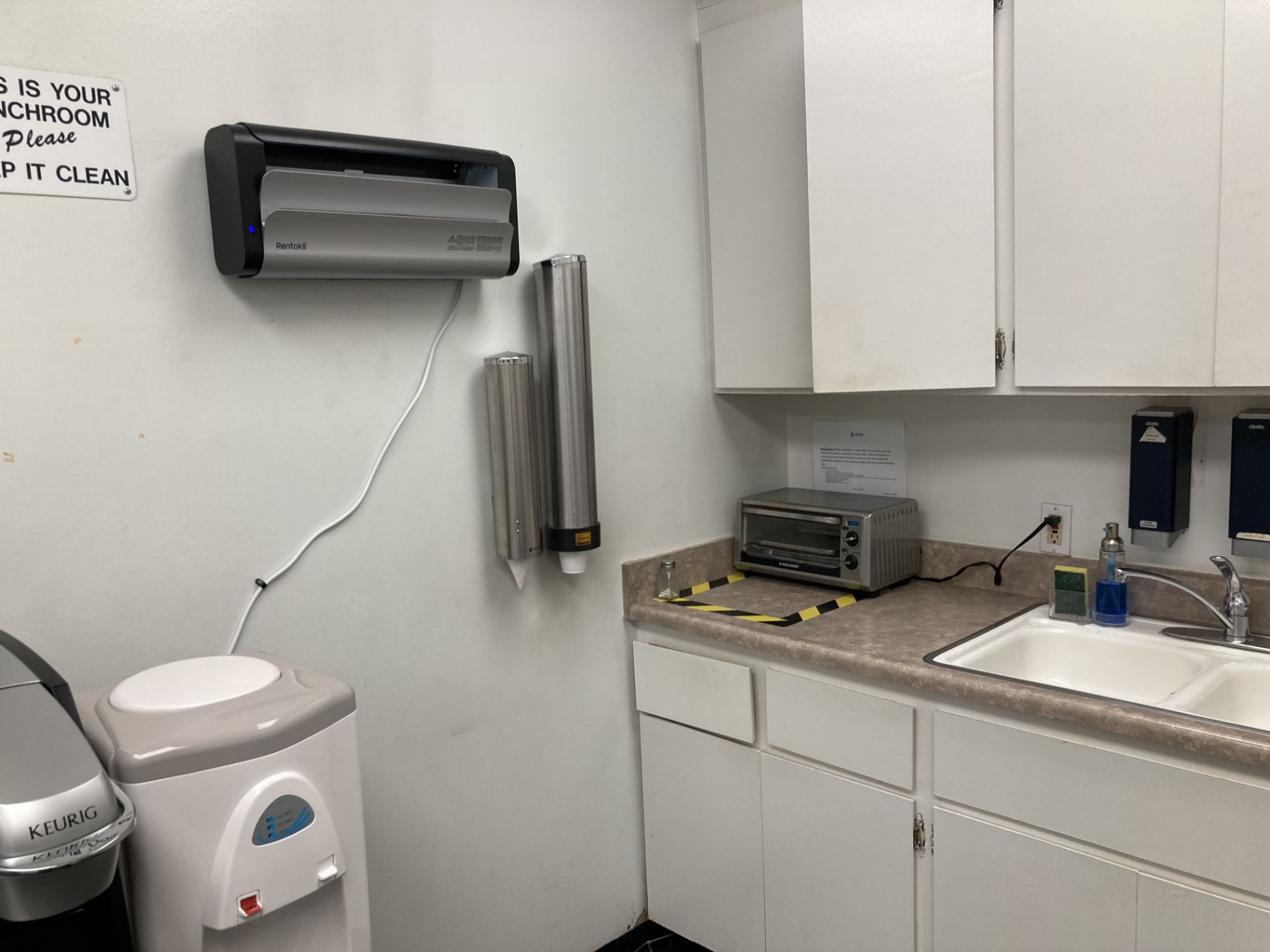 LOT OF break room, table 42 in dia, chairs, towel, cup, soap wall dispensers, microwave with cart, - Image 3 of 4