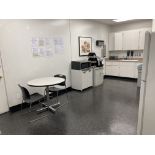 LOT OF break room, table 42 in dia, chairs, towel, cup, soap wall dispensers, microwave with cart,