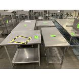 LOT OF 4 stainless steel table, 49 in x 24 in x 28 in h, 36 in 29 in x 32 in h, 2- 30 in x 60 in x