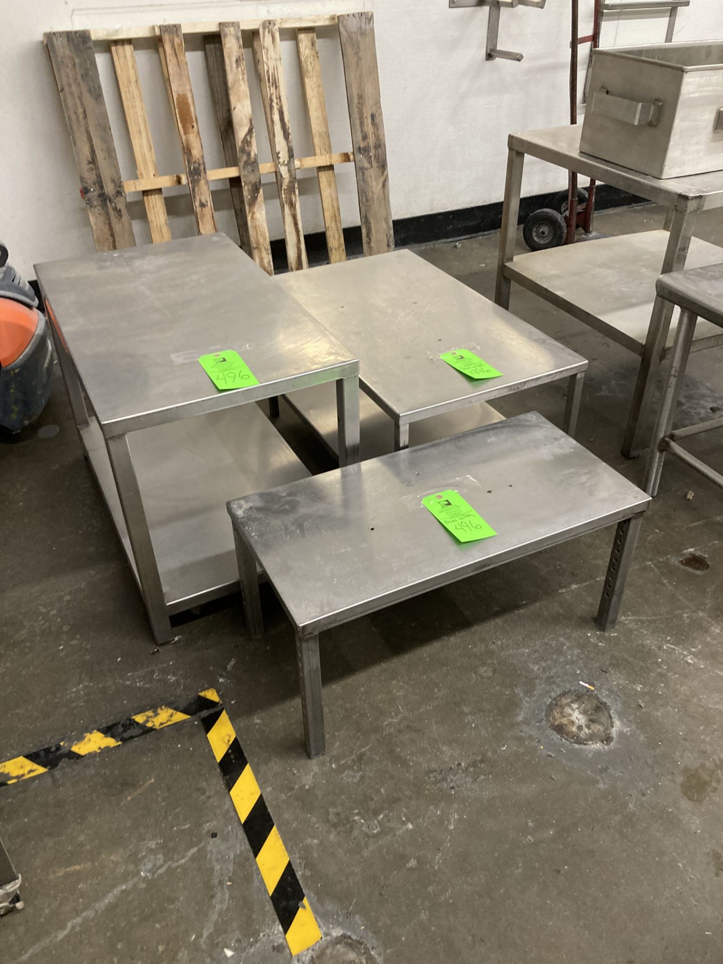 LOT OF 3 stainless steel table, 20 in x 34 in x 23 in h, 30 in x 15 in x 14 in h, 34 in x 20 in x 18