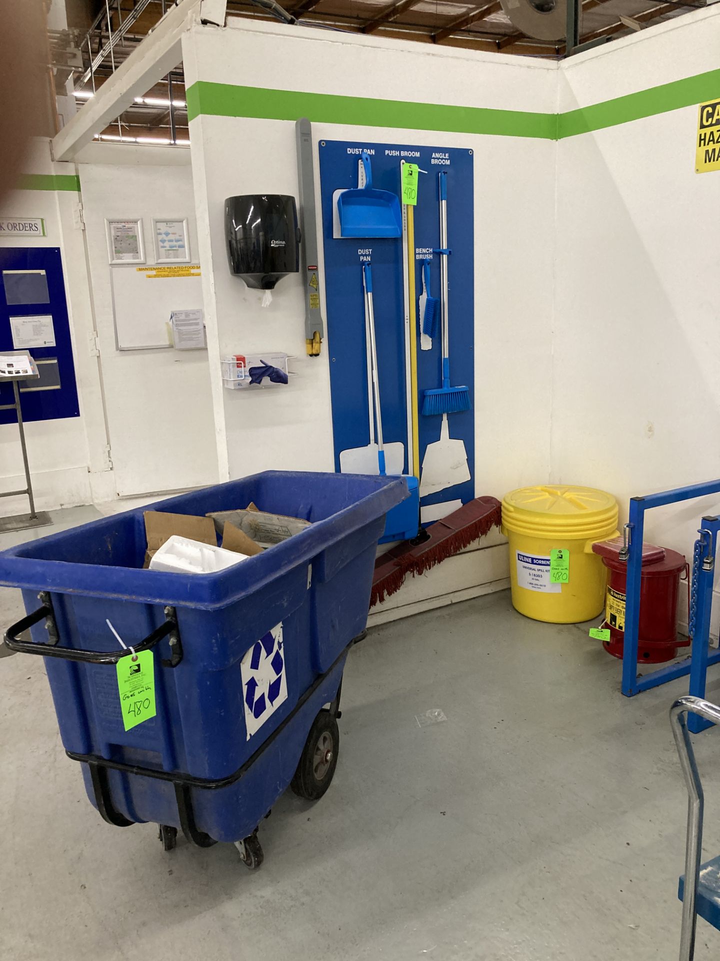 LOT OF hopper push cart, spill kit, Hazzard waste container, towel dispenser, mop Rigging Fee: $ 35