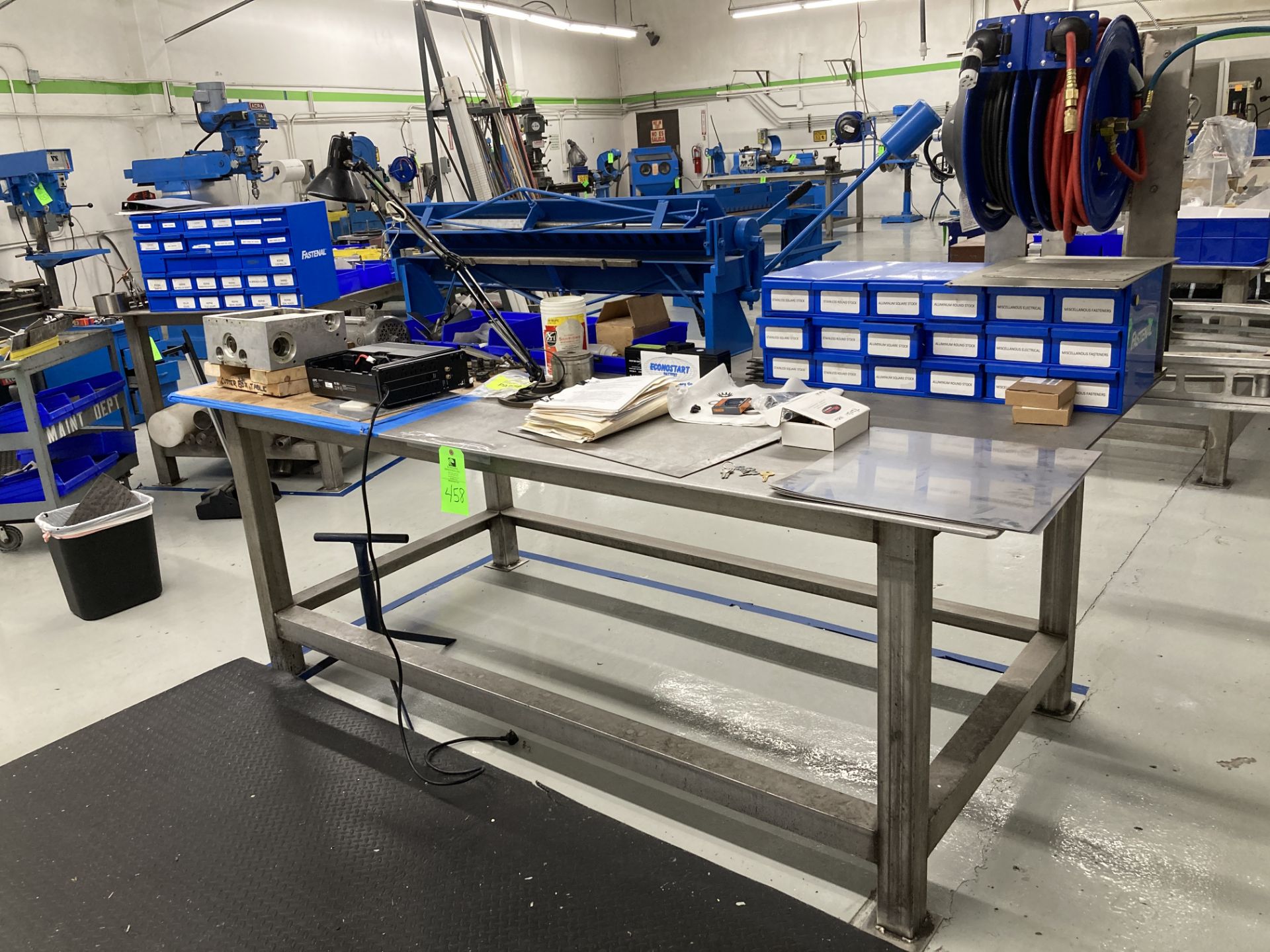 Steel workbench table 4 ft x 8 ft with 48 in wide metal folding break and Fastenal drawer storage - Image 2 of 2