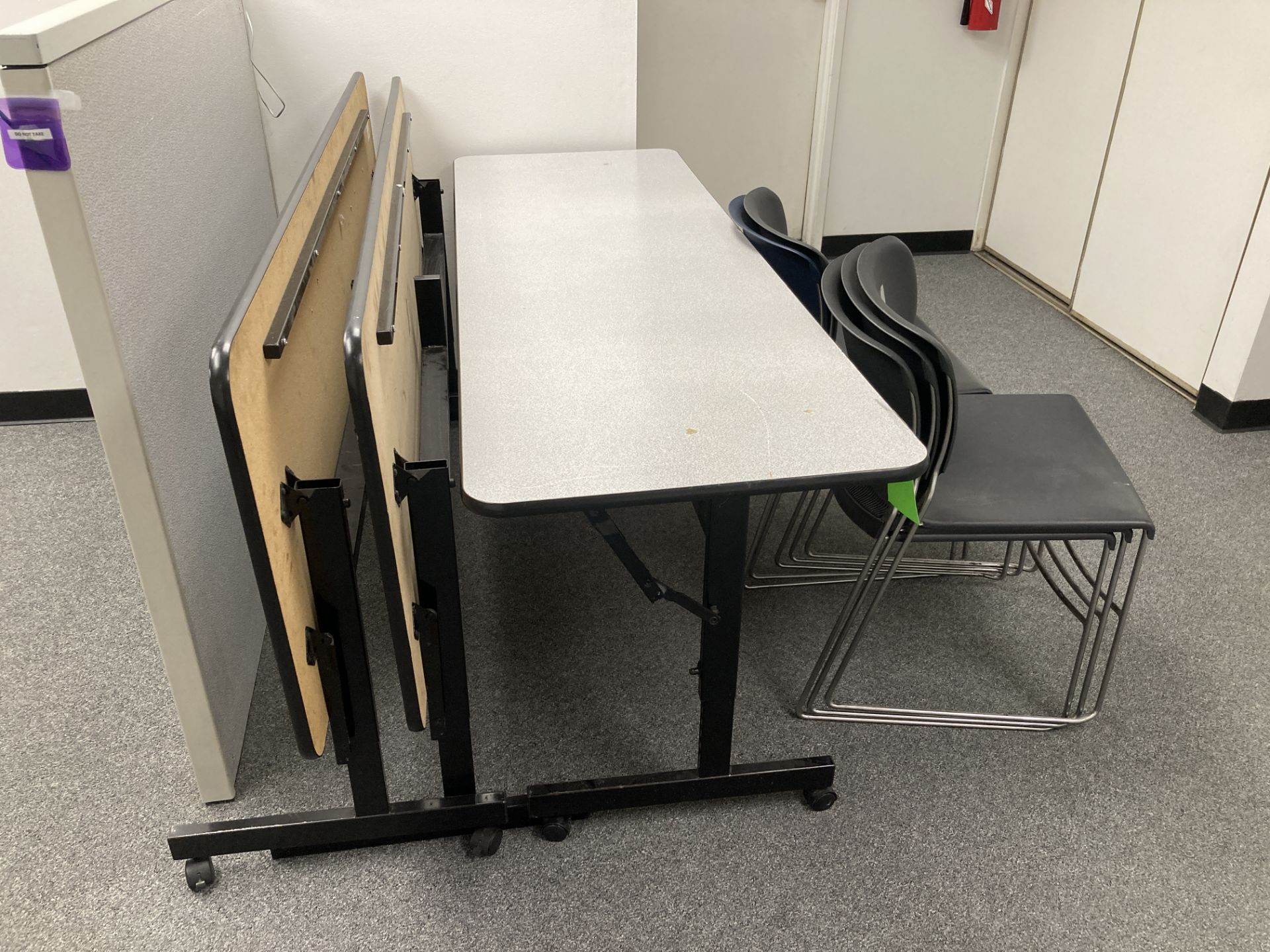 LOT OF 3 fold out table with caster, 72 in x 24 and lot 5 chairs Rigging Fee: $ 100 - Image 2 of 2