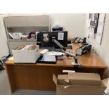 LOT OF L shape desk 72 in x 78 in, 2 metal filing cabinet 43 in x 20 in x 54, metal credenza with