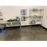 LOT OF stainless steel table 60 in x 36 in x 32 in h and shelf unit 48 in x 16 in 76 in Rigging Fee: