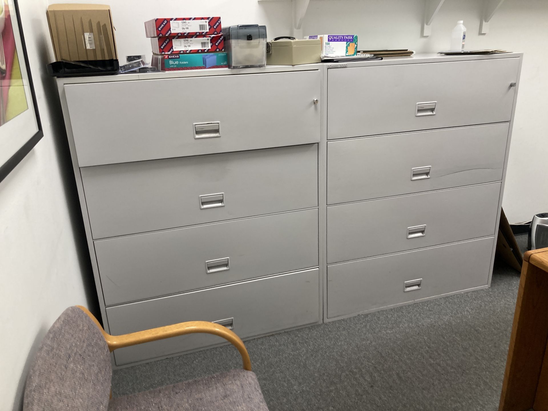 LOT OF L shape desk 72 in x 78 in, 2 metal filing cabinet 43 in x 20 in x 54, metal credenza with - Image 4 of 4