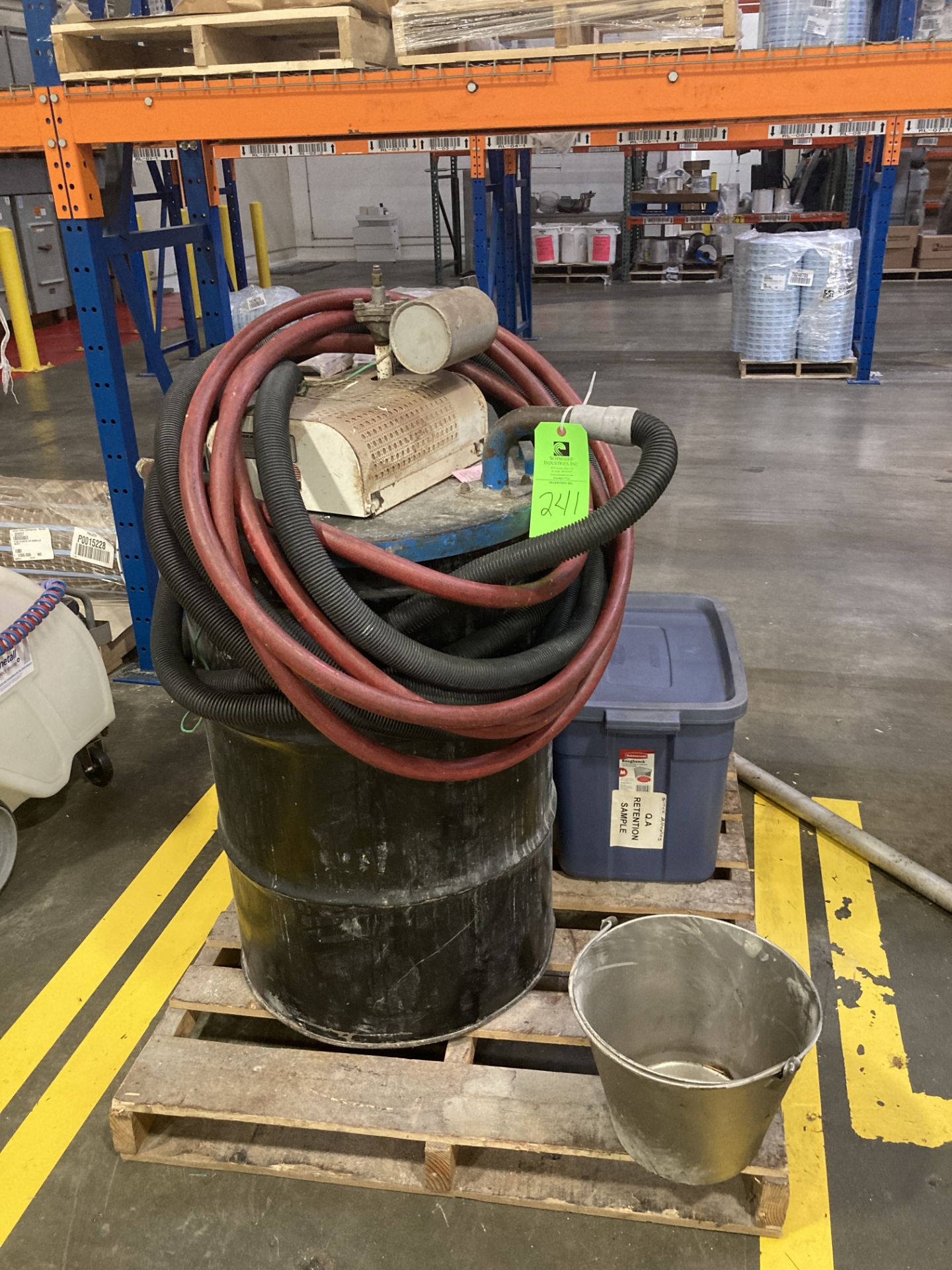 LOT OF pallet, 55 gallon drum Vac-u-max vacuum, 115 vac, stainless steel pail, storage container